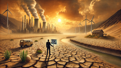 القلق المناخي في منطقة الشرق الأوسط وشمال أفريقيا، حيث يظهر شخص قلق في مشهد صحراوي قاحل مع تشققات الأرض وسحب ضبابية تشير إلى التلوث. الخلفية تضم مبانٍ مهجورة وتوربينات رياح، مما يعكس التحديات بين التوسع الحضري والطاقة المستدامة